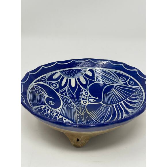 Vintage Mexican Folk Art Bird Pottery Small Footed Hand Painted Trinket Bowl - Picture 2 of 8